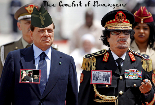 Cartoon: the comfort of strangers (medium) by azamponi tagged ian,mcewan,berlusconi,mouammar,kadhafi