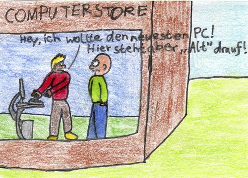 Cartoon: ALT (medium) by Salatdressing tagged computer,pc,tastatur,blöd,dumm,naiv,store,verkäufer,verkaufen,laptop,elektronik,modern,neu,einkauf,alltag