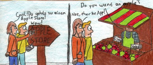 Cartoon: Apple Store (medium) by Salatdressing tagged store,laden,apfel,händler,app,apple,technik,mp3,player,musik,games,jugend,ipod,touch,nano,shuffle,eier,lebensmittel,alltag,vater,sohn,geschenk,dumm,blöd,salatdressing