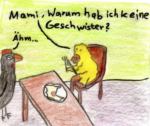 Cartoon: Keine Geschwister (medium) by Salatdressing tagged ei,eier,spiegelei,hühner,hennen,küken,mutter,kind,frühstück,essen,abendbrot,mittagessen,mittag,nahrung,ernährung,ernähren,keine,geschwister,unglücklich,lügen,zögern,huhn