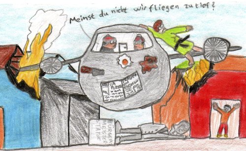 Cartoon: Tiefflieger (medium) by Salatdressing tagged flugzeug,schlecht,pilot,stadt,zerstörung,brutal,sauer,flieger,zutief,tief,flammen,haus,häuser