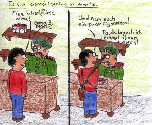 Cartoon: Waffengesetze in Amerika (medium) by Salatdressing tagged waffen,amerika,amok,gesetz,gesetze,ausweis,usa,zigaretten,verbot,new,york,waffengesetze,sturmgewähr,schrotflinte,pistole,revolver,militär,laden,kaufen,einkauf,leicht