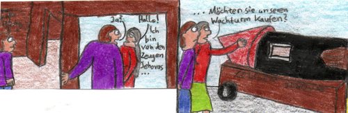 Cartoon: Zeugen Jehovas (medium) by Salatdressing tagged werbung,heft,zeitung,klingeln,tür,zeitschrift,wachturm,religion,jehova,jehovas,zeugen,sekten