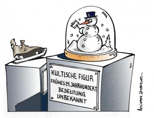 Cartoon: Kultische Figur (medium) by Micha Strahl tagged micha,strahl,winter,schneemann,klimaerwärmung,,winter,schneemann,klima,schneekugel,schütteln,figur,museum,erderwärmung,umwelt,schnee