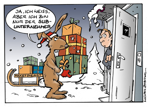 Cartoon: Weihnachtspaketdienst (medium) by Micha Strahl tagged micha,strahl,weihnachten,paketdienst,subunternehmer,paketbote,bescherung,weihnachten,paketdienst,subunternehmer,paketbote,bescherung