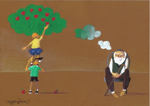 Cartoon: Apple-2 (medium) by CIGDEM DEMIR tagged apple,cigdem,demir,cartoon,art,child,uncle,cloud,tree