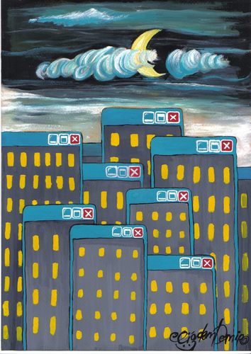 Cartoon: click for a building (medium) by CIGDEM DEMIR tagged building,house,flat,technology,light,computer,window,moon,cloud,night