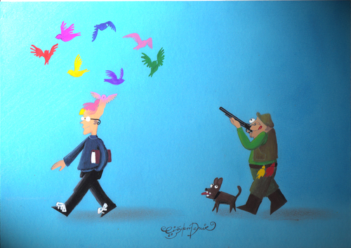 Cartoon: HUNTER? (medium) by CIGDEM DEMIR tagged hunting,bird,colorful,creativity,dog,man,art,idea