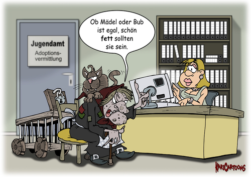 Cartoon: Adoption (medium) by karicartoons tagged kanibalismus,essen,parodie,märchen,kinder,hexe,gretel,und,hänsel,fett,cartoon,adoption