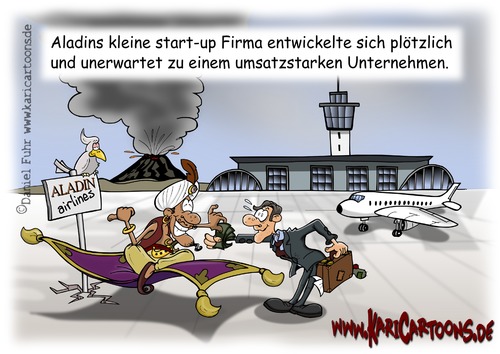 Cartoon: Aladin Airlines (medium) by karicartoons tagged vulkanausbruch,vulkanasche,vulkan,flugzeug,flugverbot,flughafen,teppich,fliegender,fliegen,aschewolke,asche,aladin