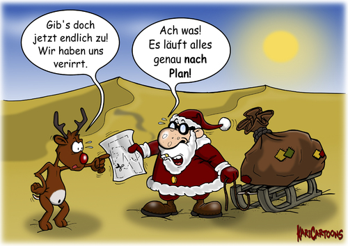 Cartoon: Alles nach Plan (medium) by karicartoons tagged weihnachtsmann,weihnachten,wüste,verirrt,strickmuster,sehfehler,schnittmuster,schlitten,claus,santa,sandwüste,sand,sack,rentier,plan,nikolaus,kurzsichtig,christmas,brille