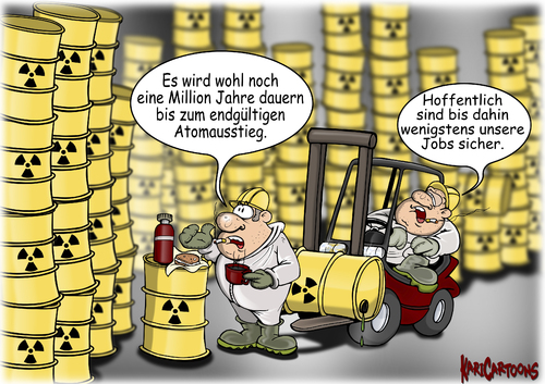 Cartoon: Atomausstieg (medium) by karicartoons tagged strontium,strahlung,radioaktivität,zerfall,radioaktiver,radioaktiv,kernkraftwerk,kernkraft,halbwertszeit,giftmüllfässer,endlager,cäsium,cartoon,brennstäbe,brennelemente,atommüll,atomkraftwerk,atomenergie,atomausstieg,atom,akw