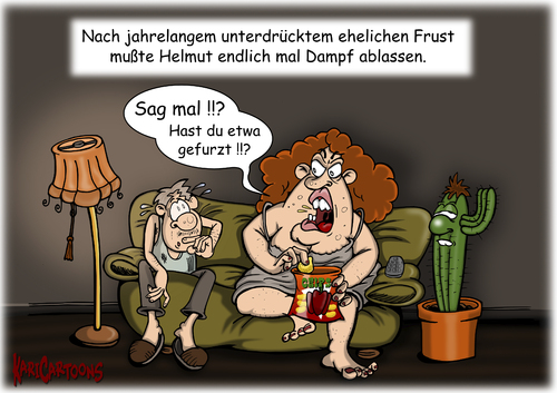 Cartoon: Dampf ablassen (medium) by karicartoons tagged zusammenleben,unterdrückung,ehemänner,unterdrückte,sofa,pupsen,pups,paar,mann,krise,furz,frust,frau,fett,eheprobleme,ehe,dick,ablassen,dampf,chips,beziehung,angst,alltag