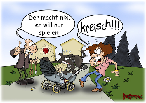 Cartoon: Der will nur spielen (medium) by karicartoons tagged schreck,angst,kinderwagen,baby,mit,kind,mutter,beißen,bissig,maulkorb,freilaufende,spielen,hundehaltung,gehen,gassi,hundehalter,kampfhund,hunde,hund,cartoon