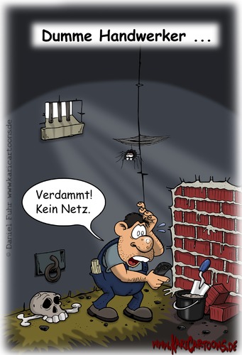 Cartoon: Dumme Handwerker (medium) by karicartoons tagged zumauern,versehen,verlies,notlage,not,maurer,mauer,kerker,netz,kein,hilfe,handynetz,handy,handwerker,fehler,seite,falsche,eingemauert,dummheit,dumm