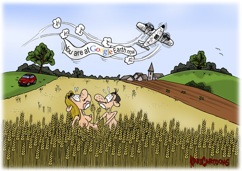 Cartoon: Google Earth (medium) by karicartoons tagged sommer,weizenfeld,freien,im,peinlich,paar,nackt,liebespaar,kornfeld,karikaturen,earth,google,foto,flugzeug,erwischt,busen,brust,beobachten