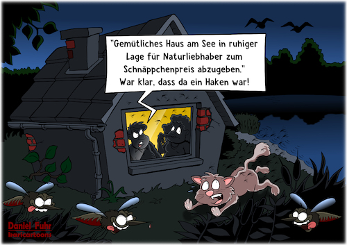 Cartoon: Haus am See (medium) by karicartoons tagged abend,cartoon,flop,haus,am,see,humor,immobilien,inserat,lustig,makler,code,maklersprache,mücken,plage,reinfall,schilf,traumhaus,abend,cartoon,flop,haus,am,see,humor,immobilien,inserat,lustig,makler,code,maklersprache,mücken,plage,reinfall,schilf,traumhaus