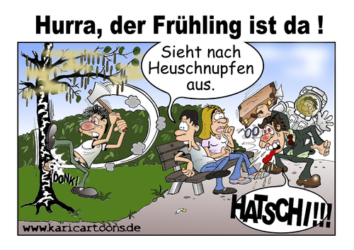 Cartoon: Hurra! Der Frühling ist da. (medium) by karicartoons tagged pollenallergie,pollen,frühling,cartoon,blütenpollen,birke,allergiker,allergie