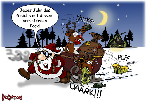 Cartoon: Jedes Jahr das Gleiche (medium) by karicartoons tagged übergeben,trinken,saufen,kotzen,geschenke,erbrechen,brechen,betrunken,besoffen,abend,alkohol,weihnachtsmann,weihnachten,schlitten,sack,rentier,nikolaus,schnee,winter,claus,santa