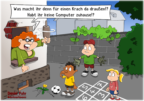 Cartoon: Krach draußen (medium) by karicartoons tagged bewegung,cartoon,computer,draußen,humor,kinder,krach,lärm,medien,nachbarschaft,rücksicht,ruhestörung,spielen,toben,bewegung,cartoon,computer,draußen,humor,kinder,krach,lärm,medien,nachbarschaft,rücksicht,ruhestörung,spielen,toben