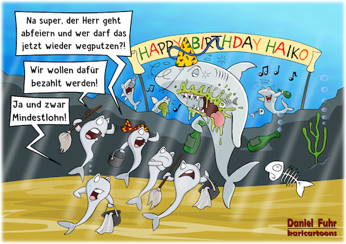 Cartoon: Mindestlohn (medium) by karicartoons tagged mindestlohn,tarif,arbeit,lohn,gehalt,geld,hai,putzerfische,party,meer,tiere,fische,arbeitsleben,geburtstag,symbiose,putzsymbiose,konflikt,streik,arbeitskampf,forderung,stellen,mindestlohn,tarif,arbeit,lohn,gehalt,geld,hai,putzerfische,party,meer,tiere,fische,arbeitsleben,geburtstag