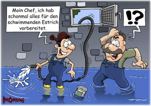 Cartoon: Schwimmender Estrich (medium) by karicartoons tagged lehrling,azubi,handwerk,handwerker,bau,baustelle,wasser,überschwemmung,estrich,fehler,panne,pfusch,wasserschaden,lehrling,azubi,handwerk,handwerker,bau,baustelle,wasser,überschwemmung,estrich,fehler,panne,pfusch,wasserschaden