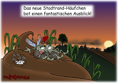 Cartoon: Stadtrandhäufchen (medium) by karicartoons tagged sonnenuntergang,schmeißfliegen,scheiße,wohnen,schöner,romantik,paar,liebespaar,landschaft,land,kot,hundescheiße,häufchen,fliegen,fliege,nachwuchs,familie,cartoon