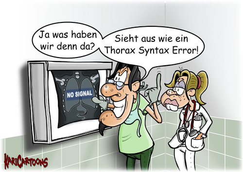 Cartoon: Thorax Syntax Error (medium) by karicartoons tagged computerproblem,computer,signal,no,thorax,cartoon,krankenhaus,untersuchung,diagnose,röntgenbild,röntgen,medizin,ärztin,arzt,doktor