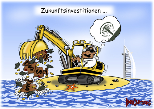 Cartoon: Zukunftsinvestitionen in Dubai (medium) by karicartoons tagged wirtschaft,weltwirtschaftskrise,emirate,arabische,vereinigte,schuldenlast,schulden,scheich,reichtum,reich,objekte,prestige,pleite,golf,persischer,luxushotel,kredite,geld,emirat,dubai,dollar,öl,architektur