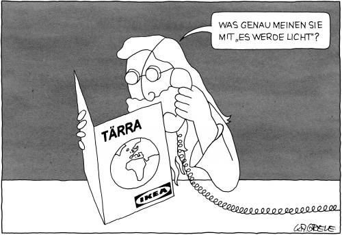 Cartoon: Genesis (medium) by Katharina Greve tagged gott,genesis,erschaffung,erde,ikea,telefon,gott,genesis,erschaffung,religion,kirche,bibel,testament,entstehung,schaffen,erde,leben,evolution,telefon,ikea,möbelhaus,möbel,einrichtung,handel,verkauf,konstum,wohnung,einrichten,bestellung,kundenservice,name,namen,bezeichnung,dinge,schrank,regal,licht,lampe,stehlampe,tärra,prospekt,katalog