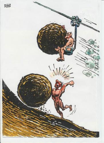 Cartoon: modern Sisyphus (medium) by Dluho tagged mytology,greek,,sisyphos,sisyphus,sisyphosarbeit,arbeit,sinnlosigkeit,routine,wiederholung,hölle,myhtos,auswegslosigkeit,lift,hilfe,erleichterung,griechische mythologie,abhilfe,ausweg,lösung,idee,unterwelt,hades,mühe,enttäuschung,griechische,mythologie