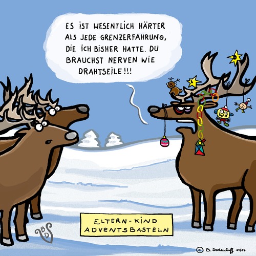 Cartoon: Adventsbasteln (medium) by Dodenhoff Cartoons tagged basteln,kinder,schule,kindertagesstätte,eltern,kind,rentiere,nervenbelastung,erziehung,schnee,winter,adventszeit,dodenhoff,cartoons,dekoration,selbstgebasteltes