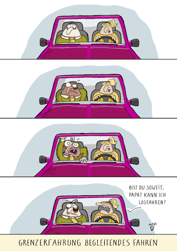 Cartoon: Begleitetes Fahren (medium) by Dodenhoff Cartoons tagged birgit,dodenhoff,cartoon,karikatur,fahrschule,fahrschüler,punkte,flensburg,eltern,herausforderung,nervosität,kinder,jugendliche,fahrer,unfallvermeidung,fahrschullehrer,fahrstunden,auto,frontscheibe,fahrunterricht,fahrpraxis,fahrtheorie