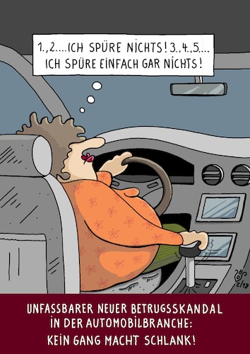 Cartoon: Der echte Automobilskandal (medium) by Dodenhoff Cartoons tagged autoindustrie,betrug,abgaswerte,vw,audi,automarken,frau,im,auto,getriebe,jeder,gang,macht,schlank,sprichworte,diät,übergewicht,adipositas,frauensache,frauenparkplatz,weibliche,sicht,der,dinge,diätplan