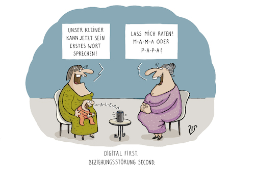 Cartoon: Digitalisierung first (medium) by Dodenhoff Cartoons tagged birgit,dodenhoff,cartoon,karikatur,christian,lindner,digitalisierung,first,bedenken,second,alexa,kinderschutz,ignoranz,verwahrlosung,kritiklosigkeit,erste,worte,babies,erstes,wort,sprachentwicklung,eltern