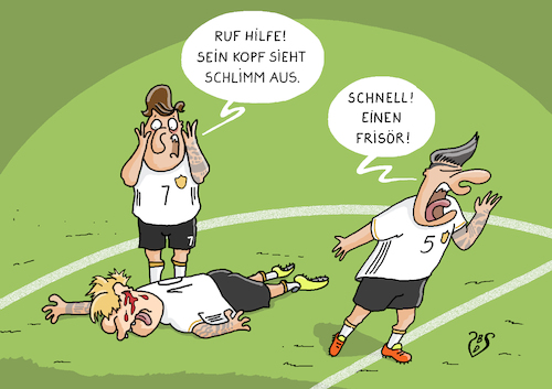 Cartoon: Junge Liga (medium) by Dodenhoff Cartoons tagged fußballprofi,bundesliga,frisuren,frisör,foul,sportverletzung,badhairday,fußballprofi,bundesliga,frisuren,frisör,foul,sportverletzung,badhairday