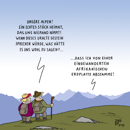 Cartoon: Plattituedentektonik (medium) by Dodenhoff Cartoons tagged plattentektonik,heimat,stolz,wandern,alpen,hochgebirge,faltengebirge,verwerfungen,kontinentalplatten,deutschland,bergpanorama,einwanderung,herkunft,eltern,abstammung,gesteine,uralt,alpenwanderung,bayern,seehofer,söder,natonalismus,heimatgefühle