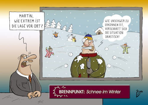 Cartoon: Schneechaos (medium) by Dodenhoff Cartoons tagged medienwahn,schneefall,extremschneefall,berichterstattung,brennpunkt,schlagzeilen,naturkatastrophen,wintereinbruch,fersehstudio,schneeballschlacht,winterkinder,freude,schneeschieben,mikrofon,ard,medien