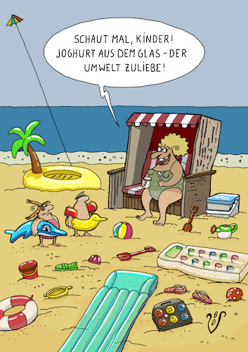 Cartoon: Symbolbild Plastikvermeidung (medium) by Dodenhoff Cartoons tagged strandleben,plastikspielzeug,inkonsequenz,erziehung,plastikflut,strand,sommerzeit,urlaub,ausflug,badeurlaub,schwimmreifen,badedelfin,ernährungsumstellung,glaskonserven,joghurtglas,badelatschen,flipflops,luftmatratze,sandspielzeug,birgit,dodenhoff,cartoons,strandleben,plastikspielzeug,inkonsequenz,erziehung,plastikflut,strand,sommerzeit,urlaub,ausflug,badeurlaub,schwimmreifen,badedelfin,ernährungsumstellung,glaskonserven,joghurtglas,badelatschen,flipflops,luftmatratze,sandspielzeug,birgit,dodenhoff,cartoons