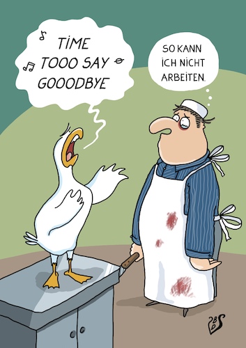 Cartoon: Time to say goodbye (medium) by Dodenhoff Cartoons tagged schlachter,geflügel,fleisch,gänsebraten,veganismus,vegetarier,arbeitsalltag,verzweiflung,hoffnung,zwiespalt,schlachter,geflügel,fleisch,gänsebraten,veganismus,vegetarier,arbeitsalltag,verzweiflung,hoffnung,zwiespalt