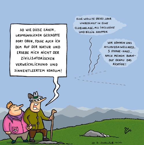 Cartoon: Wandervögel (medium) by Dodenhoff Cartoons tagged wandern,alpenwanderungen,naturbursche,zugvögel,naturerfahrung,berge,bergwanderungen,konsum,zivilistionskrankheiten,birgit,dodenhoff,cartoons