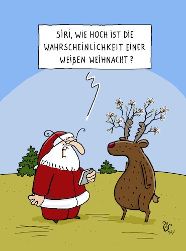 Cartoon: weiße weihnacht (medium) by Dodenhoff Cartoons tagged weißeweihnacht,schnee,frost,weihnachtsmann,rentier,siri,smartphone,klimawandel,blüte,weihnachten,christfest,schneeprognose,wetterbericht,wetterapp,austrieb,äste,geweih,weltklima,mildetemperaturen