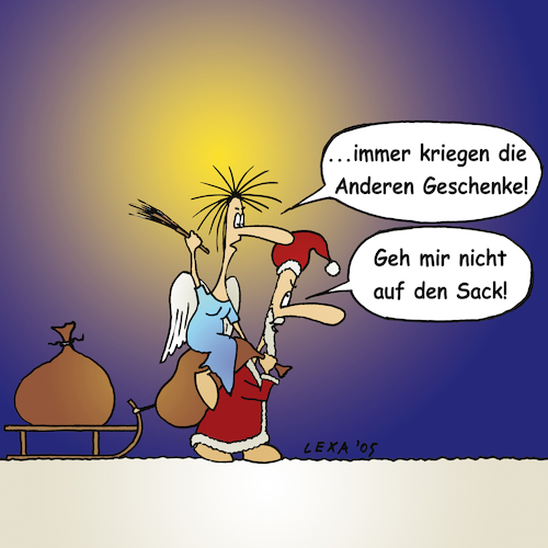 Cartoon: lexatoon Geschenke (medium) by lexatoons tagged lexatoon,geh,mir,nicht,auf,den,sack,engel,geschenke,heiligabendweihnachten,christmas,xmas,weihnachtsmann,santa,claus,christkind,mann,frau,man,woman,streit