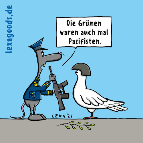 Cartoon: lexatoon-Friedenstaube (medium) by lexatoons tagged lexatoon,friedenstaube,bekommt,stahlhelm,grüne,waffen,militär,armee,ratte,krieg,frieden,war,lexatoon,friedenstaube,bekommt,stahlhelm,grüne,waffen,militär,armee,ratte,krieg,frieden,war