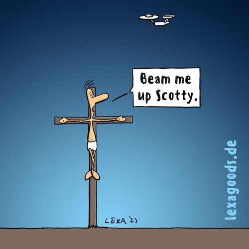 Cartoon: lexatoon Beam me up Scotty (medium) by lexatoons tagged lexatoon,beam,me,up,scotty,jesus,christus,ostern,kreuzigung,enterprise,startrek,kirk,spock,pille,wer,weiß