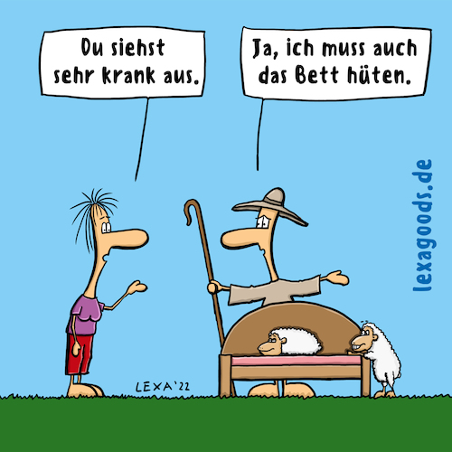 Cartoon: lexatoon Bett hüten (medium) by lexatoons tagged lexatoon,bett,hueten,schafe,schäfer,krank,gesund,wiese,lexatoon,bett,hueten,schafe,schäfer,krank,gesund,wiese