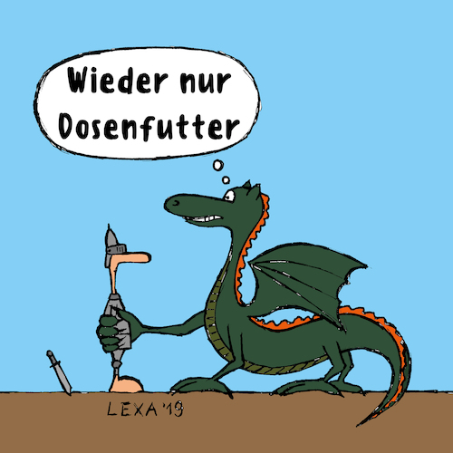 Cartoon: lexatoon Dosenfutter (medium) by lexatoons tagged lexatoon,dosenfutter,tiernahrung,fütterung,futterhaus,drachen,ritter,fressen,lexatoon,dosenfutter,tiernahrung,fütterung,futterhaus,drachen,ritter,fressen