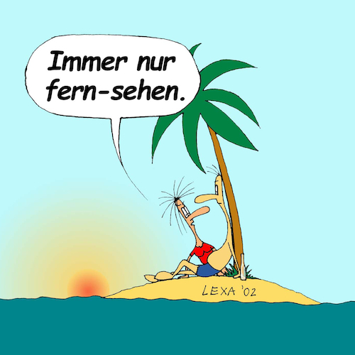 Cartoon: lexatoon Fern sehen (medium) by lexatoons tagged lexatoon,fern,sehen,insel,meer,palme,mann,frau,beziehung,frust,gestrandet,lexatoon,fern,sehen,insel,meer,palme,mann,frau,beziehung,frust,gestrandet