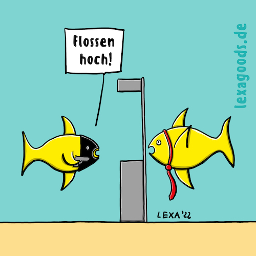 Cartoon: lexatoon Flossen hoch (medium) by lexatoons tagged lexatoon,flossen,hoch,fisch,bank,überfall,maske,bankräuber,raub,lexatoon,flossen,hoch,fisch,bank,überfall,maske,bankräuber,raub