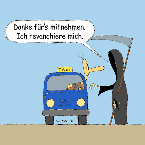 Cartoon: lexatoon mitnehmen (medium) by lexatoons tagged lexatoon,danke,fürs,mitnehmen,taxi,tod,fahrgast,lexatoon,danke,fürs,mitnehmen,taxi,tod,fahrgast